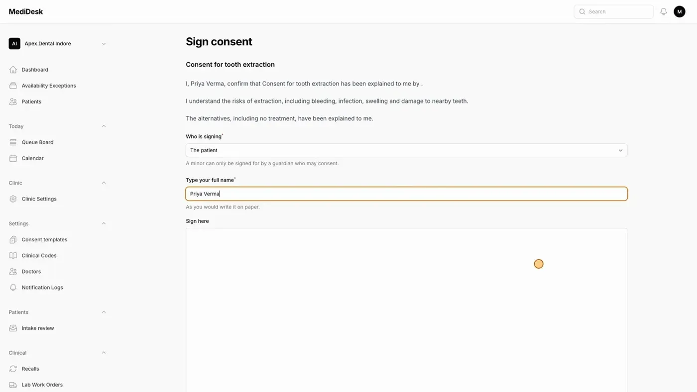 Consent signed on a tablet